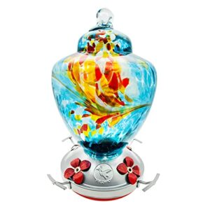 rezipo hummingbird feeder with perch – hand blown glass – blue – 38 fluid ounces hummingbird nectar capacity include hanging wires and moat hook
