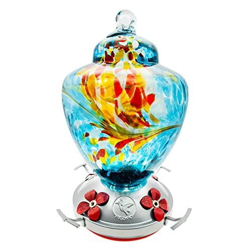 REZIPO Hummingbird Feeder with Perch - Hand Blown Glass - Blue - 38 Fluid Ounces Hummingbird Nectar Capacity Include Hanging Wires and Moat Hook