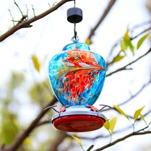 REZIPO Hummingbird Feeder with Perch - Hand Blown Glass - Blue - 38 Fluid Ounces Hummingbird Nectar Capacity Include Hanging Wires and Moat Hook