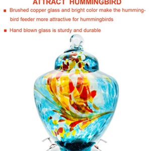 REZIPO Hummingbird Feeder with Perch - Hand Blown Glass - Blue - 38 Fluid Ounces Hummingbird Nectar Capacity Include Hanging Wires and Moat Hook