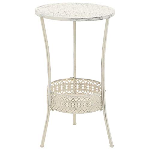 Canditree Outdoor Round Metal Bistro Table, Vintage Style Side Table with Storage Basket for Balcony Patio Garden (White)