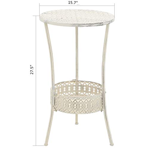 Canditree Outdoor Round Metal Bistro Table, Vintage Style Side Table with Storage Basket for Balcony Patio Garden (White)