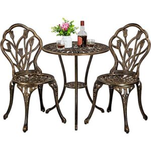 yaheetech patio bistro sets 3 piece, outdoor rust-resistant cast aluminum garden table and chairs, bronze