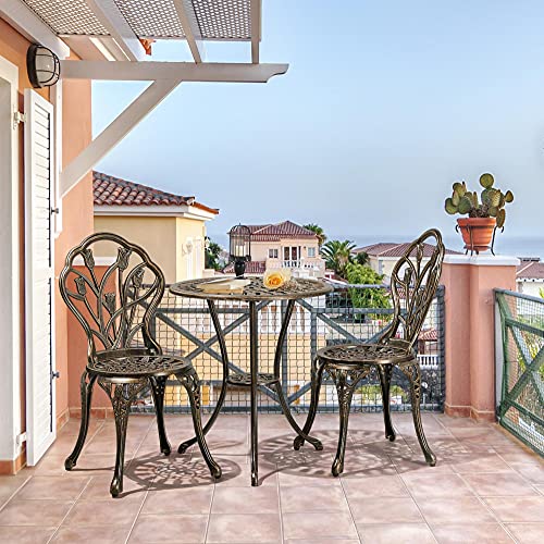 Yaheetech Patio Bistro Sets 3 Piece, Outdoor Rust-Resistant Cast Aluminum Garden Table and Chairs, Bronze