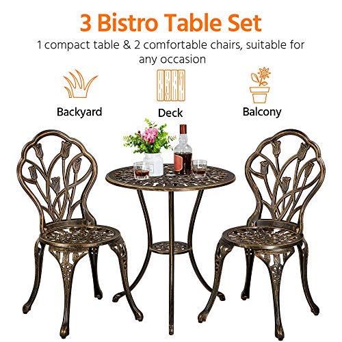 Yaheetech Patio Bistro Sets 3 Piece, Outdoor Rust-Resistant Cast Aluminum Garden Table and Chairs, Bronze