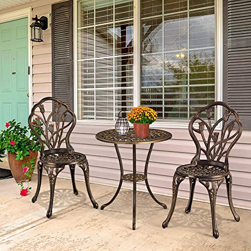 Yaheetech Patio Bistro Sets 3 Piece, Outdoor Rust-Resistant Cast Aluminum Garden Table and Chairs, Bronze