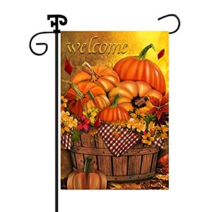 fall welcome thanksgiving pumpkin small garden flag for outside 12×18 inch vertical double sided leaves flowers autumn burlap yard decoration