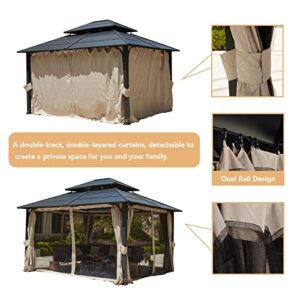 MELLCOM 12' x 14' Hardtop Gazebo, Iron Double Roof Gazebo with Curtains and Netting, Waterproof Canopy Gazebo with Anti-Rust Coating Frame for Patios, Gardens, Lawns, and Backyard