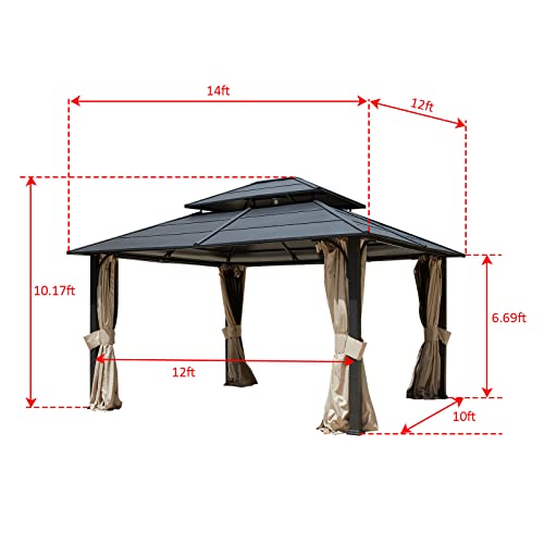 MELLCOM 12' x 14' Hardtop Gazebo, Iron Double Roof Gazebo with Curtains and Netting, Waterproof Canopy Gazebo with Anti-Rust Coating Frame for Patios, Gardens, Lawns, and Backyard