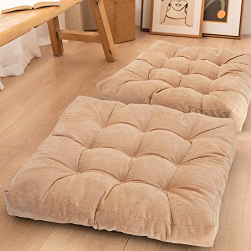 Tiita Outdoor Chair Cushions Square Floor Pillows Thicken Tufted Patio Seat Cushion Pads for Yoga Meditation Garden Living Room Balcony Office Set of 2, 22x22 Inch, Light Brown