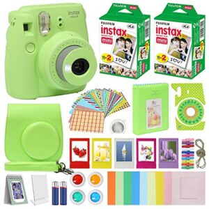 fuji film instax mini 9 instant camera lime green with carrying case + fuji instax film value pack (40 sheets) accessories bundle, color filters, photo album, assorted frames, selfie lens + more