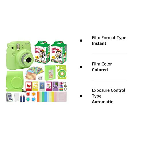 Fuji Film Instax Mini 9 Instant Camera Lime Green with Carrying Case + Fuji Instax Film Value Pack (40 Sheets) Accessories Bundle, Color Filters, Photo Album, Assorted Frames, Selfie Lens + More