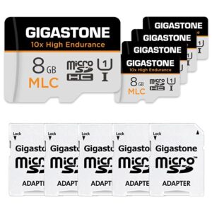 [10x high endurance] gigastone industrial 8gb 5-pack mlc micro sd card, full hd video recording, security cam, dash cam, surveillance compatible 85mb/s, u1 c10, with adapter [5-yrs free data recovery]
