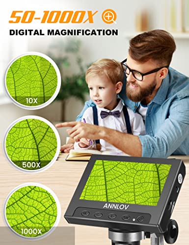 LCD Digital Microscope,ANNLOV 4.3 inch Handheld USB Microscope 50X-1000X Magnification Coin Microscope Video Camera with 8 Adjustable LED Lights for Adults PCB Soldering Kids Outside Use