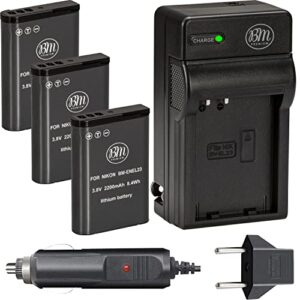 bm premium pack of 3 en-el23 batteries and battery charger for nikon coolpix b700, p900, p600, p610, s810c digital camera