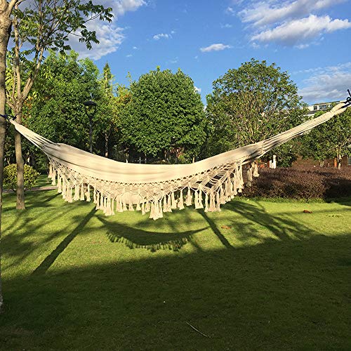 Handmade Cotton Woven Balcony Hammock Hanging Rope Chair Porch Swing with Crochet Fringe for Backyard Patio Garden Outdoor and Indoor Boho Style Natural White