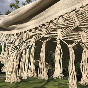 Handmade Cotton Woven Balcony Hammock Hanging Rope Chair Porch Swing with Crochet Fringe for Backyard Patio Garden Outdoor and Indoor Boho Style Natural White