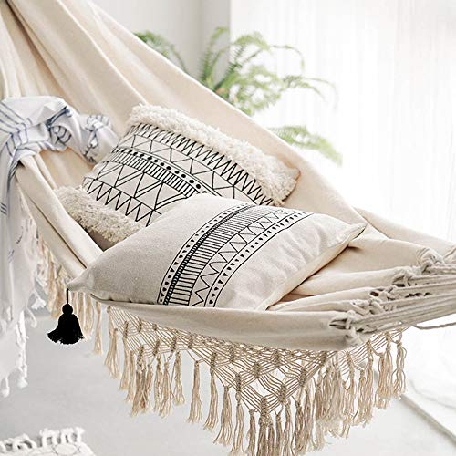 Handmade Cotton Woven Balcony Hammock Hanging Rope Chair Porch Swing with Crochet Fringe for Backyard Patio Garden Outdoor and Indoor Boho Style Natural White