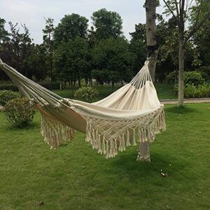 Handmade Cotton Woven Balcony Hammock Hanging Rope Chair Porch Swing with Crochet Fringe for Backyard Patio Garden Outdoor and Indoor Boho Style Natural White