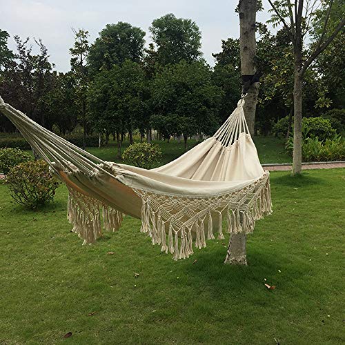 Handmade Cotton Woven Balcony Hammock Hanging Rope Chair Porch Swing with Crochet Fringe for Backyard Patio Garden Outdoor and Indoor Boho Style Natural White