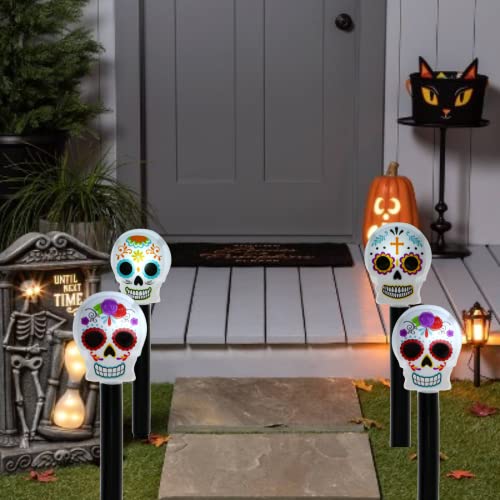 LSM Halloween Sugar Skull Solar Stake Light, Decorative Spooky LED Garden Lights Outdoor Solar Powered Waterproof for Patio Lawn Yard Pathway Christmas Fall Autumn Party Decor Set of 6 with Oggetto