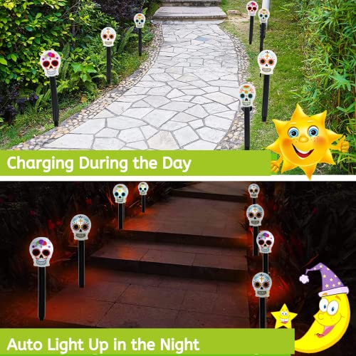 LSM Halloween Sugar Skull Solar Stake Light, Decorative Spooky LED Garden Lights Outdoor Solar Powered Waterproof for Patio Lawn Yard Pathway Christmas Fall Autumn Party Decor Set of 6 with Oggetto