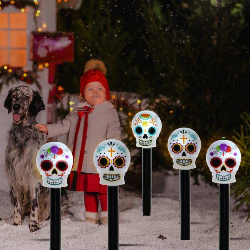 LSM Halloween Sugar Skull Solar Stake Light, Decorative Spooky LED Garden Lights Outdoor Solar Powered Waterproof for Patio Lawn Yard Pathway Christmas Fall Autumn Party Decor Set of 6 with Oggetto