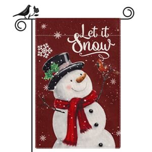 mokani christmas garden flag snowman with let it snow cardinal and snowflake, 12×18 inch vertical double-sided burlap banner small winter holiday christmas flag for farmhouse yard outdoor decorations