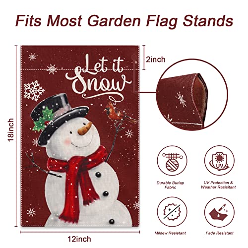 Mokani Christmas Garden Flag Snowman with Let It Snow Cardinal and Snowflake, 12x18 Inch Vertical Double-Sided Burlap Banner Small Winter Holiday Christmas Flag for Farmhouse Yard Outdoor Decorations