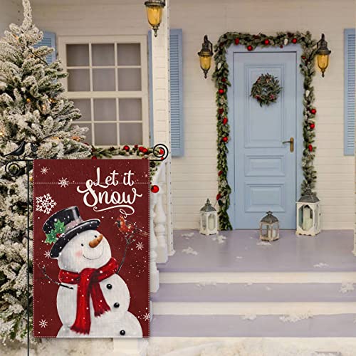 Mokani Christmas Garden Flag Snowman with Let It Snow Cardinal and Snowflake, 12x18 Inch Vertical Double-Sided Burlap Banner Small Winter Holiday Christmas Flag for Farmhouse Yard Outdoor Decorations