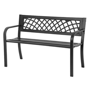 garden bench,outdoor benches,iron steel frame patio bench with mesh pattern and plastic backrest armrests for lawn yard porch work entryway,black