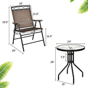 Giantex Patio Dining Set Round Glass Table with 2 Patio Folding Chairs, Outdoor Table and Chairs for Garden, Pool, Backyard, Tempered Glass Tabletop with Umbrella Hole (Brown)