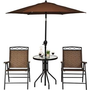 Giantex Patio Dining Set Round Glass Table with 2 Patio Folding Chairs, Outdoor Table and Chairs for Garden, Pool, Backyard, Tempered Glass Tabletop with Umbrella Hole (Brown)