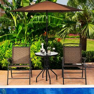 Giantex Patio Dining Set Round Glass Table with 2 Patio Folding Chairs, Outdoor Table and Chairs for Garden, Pool, Backyard, Tempered Glass Tabletop with Umbrella Hole (Brown)