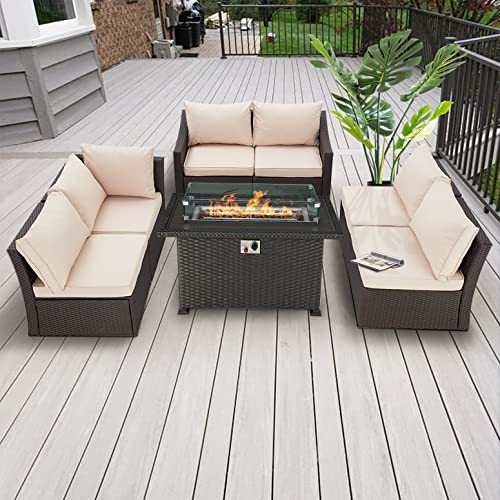 HOMREST 7 Pieces Patio Furniture Set with Fire Pit Table,Durable Outdoor Sectional Sofa Conversation Set w/Cushions and Pillows, 50,000 BTU Auto-Ignition Gas Fire Table w/Wind Guard ，CSA Certification