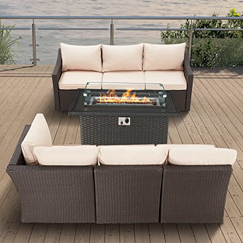 HOMREST 7 Pieces Patio Furniture Set with Fire Pit Table,Durable Outdoor Sectional Sofa Conversation Set w/Cushions and Pillows, 50,000 BTU Auto-Ignition Gas Fire Table w/Wind Guard ，CSA Certification