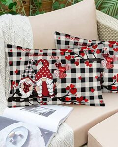 leosucre pack of 2 waterproof decorative pillow covers, valentines day plaid throw pillow covers rectangle pillowcases cushion covers for couch patio garden 20×12 inch love gnome tree black and white