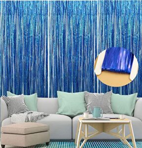 foil fringe backdrop, 3 pack 3.3 ft x 8.2 ft photo booth backdrop curtain for parties – tinsel curtain fringe backdrop party decorations for birthday, wedding or bachelorette party (laser blue)