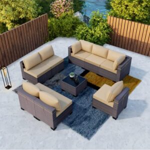 kullavik 9 pieces outdoor patio furniture set outdoor sectional rattan sofa set brown manual wicker patio conversation set with sand cushions,1 tempered glass tea table and cushions covers