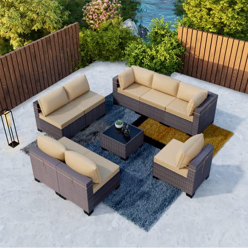 Kullavik 9 Pieces Outdoor Patio Furniture Set Outdoor Sectional Rattan Sofa Set Brown Manual Wicker Patio Conversation Set with Sand Cushions,1 Tempered Glass Tea Table and Cushions Covers