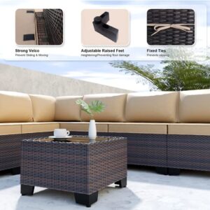 Kullavik 9 Pieces Outdoor Patio Furniture Set Outdoor Sectional Rattan Sofa Set Brown Manual Wicker Patio Conversation Set with Sand Cushions,1 Tempered Glass Tea Table and Cushions Covers