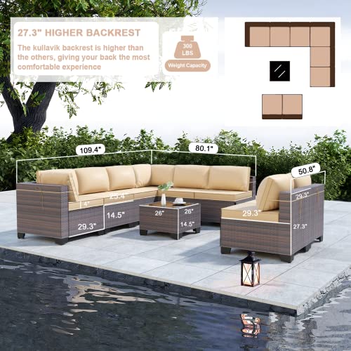 Kullavik 9 Pieces Outdoor Patio Furniture Set Outdoor Sectional Rattan Sofa Set Brown Manual Wicker Patio Conversation Set with Sand Cushions,1 Tempered Glass Tea Table and Cushions Covers