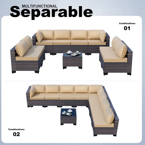 Kullavik 9 Pieces Outdoor Patio Furniture Set Outdoor Sectional Rattan Sofa Set Brown Manual Wicker Patio Conversation Set with Sand Cushions,1 Tempered Glass Tea Table and Cushions Covers