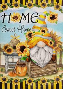 furiaz home sweet home gnome sunflower spring summer small decorative garden flag, bee honey yard home outside black yellow stripe decoration, fall farmhouse outdoor decor double sided 12×18