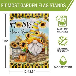 Furiaz Home Sweet Home Gnome Sunflower Spring Summer Small Decorative Garden Flag, Bee Honey Yard Home Outside Black Yellow Stripe Decoration, Fall Farmhouse Outdoor Decor Double Sided 12x18