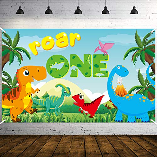 WATINC Roar One Birthday Backdrop Banner Dinosaur Theme 1 Year Old Wild Forest XtraLarge Background Photo Booth Photography Baby Shower Polyester Party Decorations Supplies for Home Studio 71x43 Inch