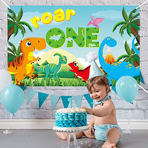 WATINC Roar One Birthday Backdrop Banner Dinosaur Theme 1 Year Old Wild Forest XtraLarge Background Photo Booth Photography Baby Shower Polyester Party Decorations Supplies for Home Studio 71x43 Inch