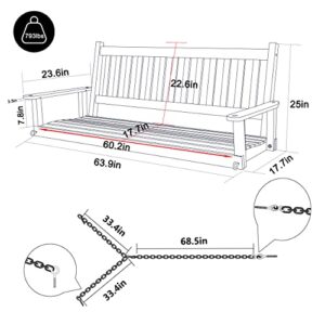 MUPATER Outdoor Patio Hanging Wooden Porch Swing 5FT with Chains, 3-Person Heavy Duty Swing Bench for Garden and Backyard, Rustic