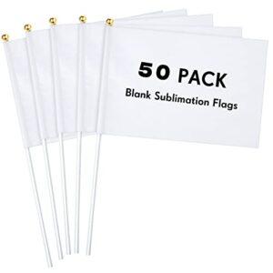 50 pcs white small mini flags bulk sublimation blank flags solid plain white flag hand held diy miniature flags on stick for garden car parades grand opening birthday wedding party events celebration
