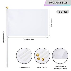 50 Pcs White Small Mini Flags Bulk Sublimation Blank Flags Solid Plain White Flag Hand Held DIY Miniature Flags on Stick for Garden Car Parades Grand Opening Birthday Wedding Party Events Celebration